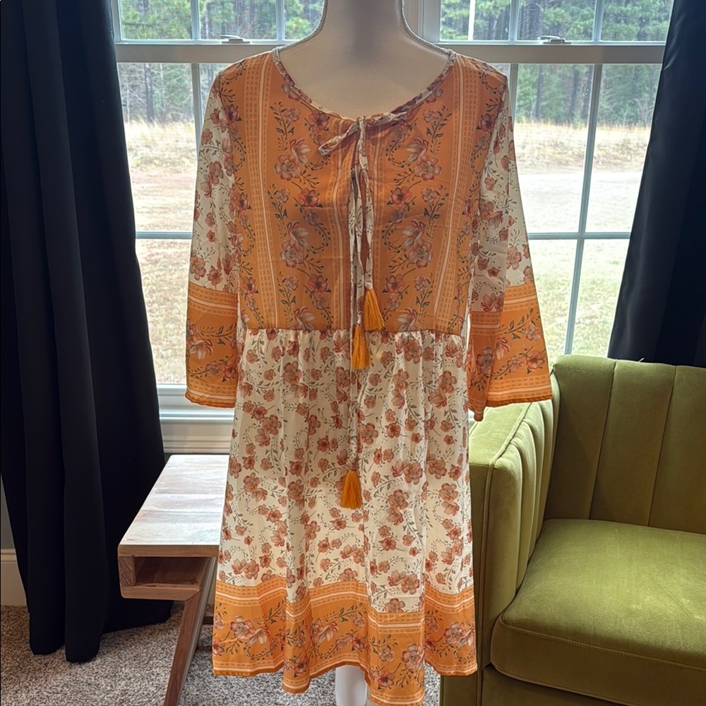 SHEIN Orange Floral Midi Dress